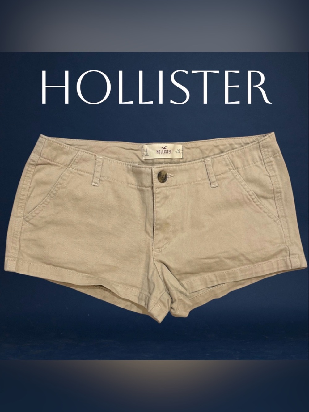 Hollister Khaki Chino Shorts Size 7 W28 Low Rise Pink Logo Tan Beach